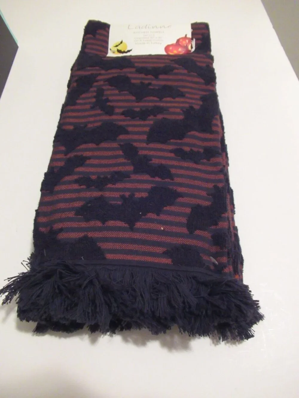 NWT Ladinne Kitchen Towels, Set of 3, Orange & Black Stripes, Halloween Bats